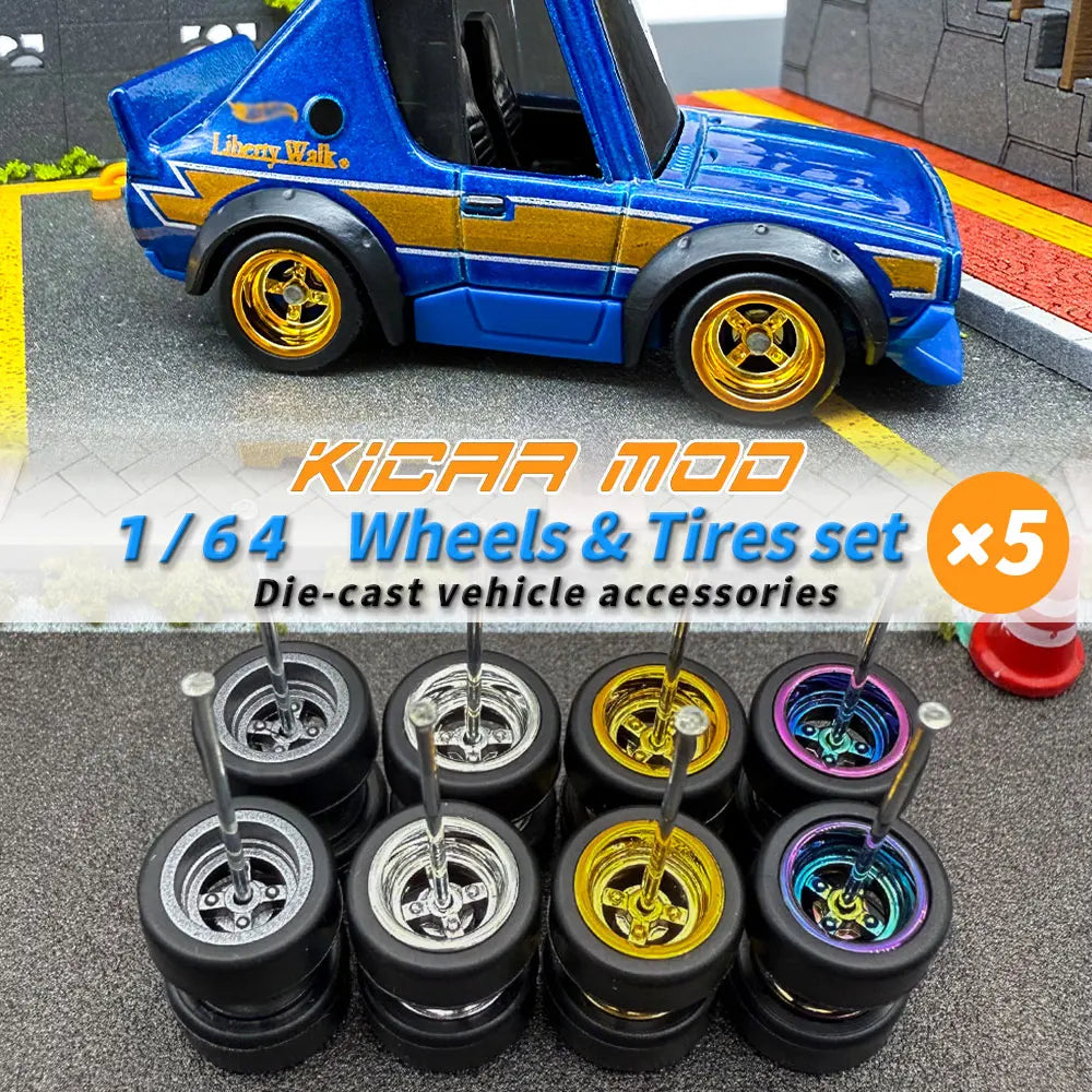 1/64 Model Q Car Wheels with Detachable Slicks Rubber Tires for Toy Model Diecast Cars Refiting Parts for MINIGT  (5 Cars)