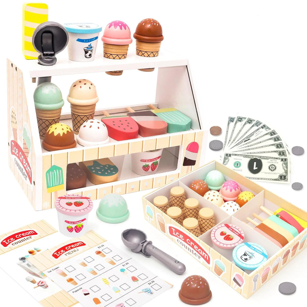 Wooden Ice Cream Toys for Toddler, Play Store Pretend Food Kitchen Accessories with Scoop & Menu & Toy Cash,Christmas Gift