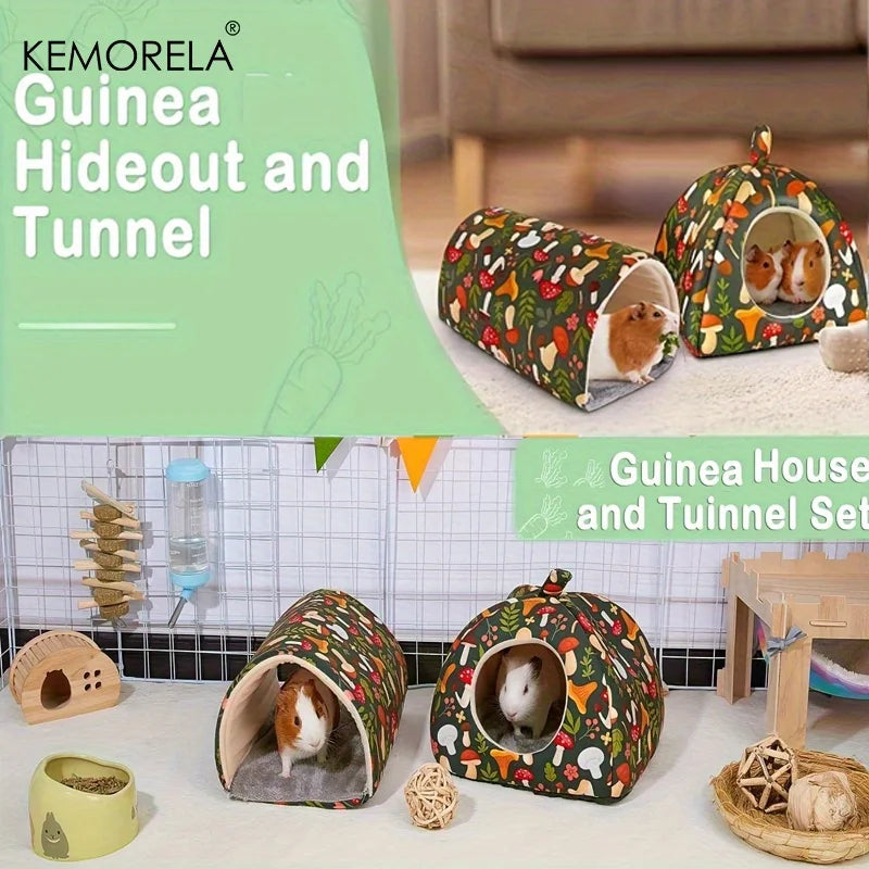 2PCS Glitter Soft Guinea Hideout & Tunnel - Washable Pet Bed with Adorable Mushroom & Flower Design for Hamster Rabbit Small Pet