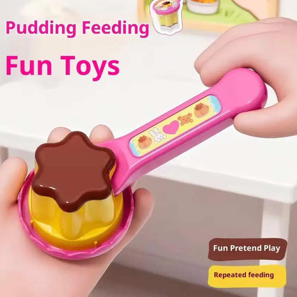 Pretend Play Pudding Feeding Toy Set with Magic Spoon Simulation Food Kitchen Toys for Kids Interactive Role Play Gift for Girls