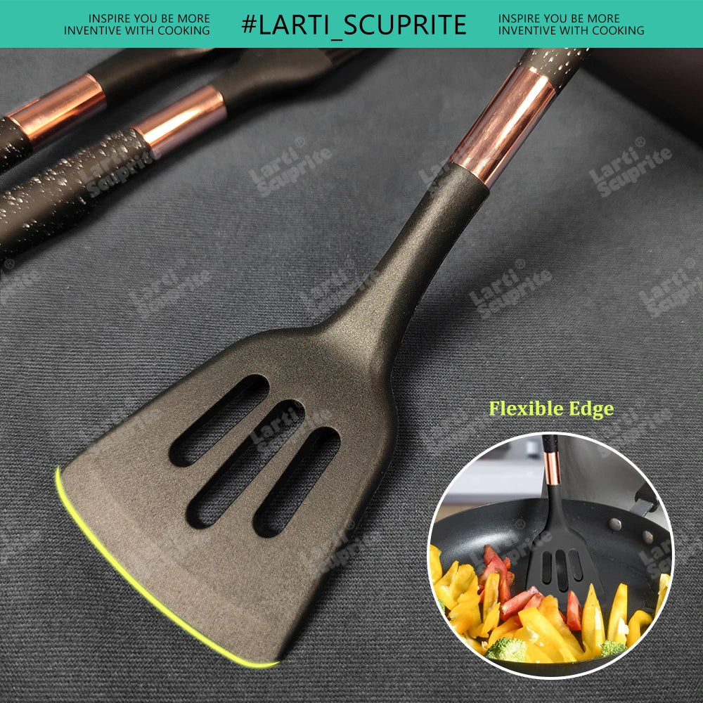 Gold Plated Handle Silicone Cooking Utensils Set Kitchen Non-stick Tool Gadgets BPA FREE Kitchenware Heat Resistant Spatula Set