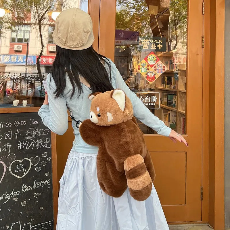 Red Panda Plush Backpack Cute Plushie Doll Women Crossbody Fur Soft Shoulder Bag for Camping Travel Party Female Birthday Gift