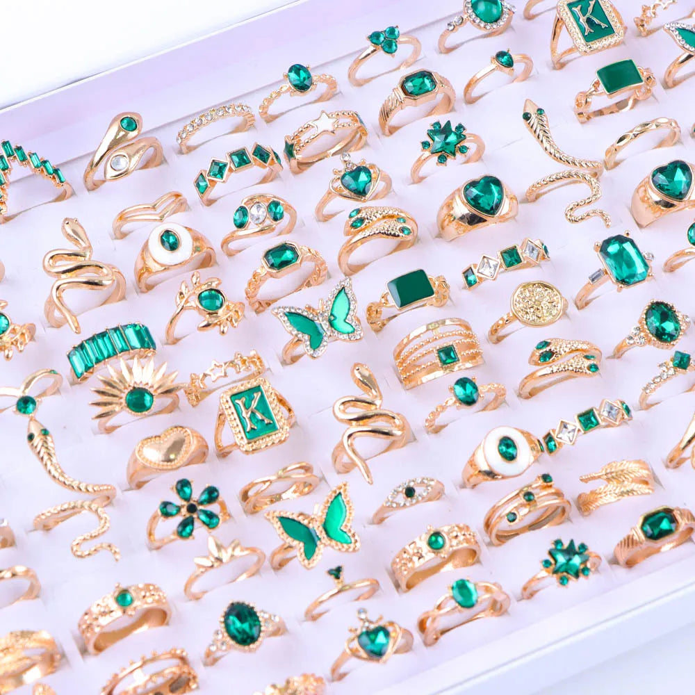 10/20/30/50/100Pcs/Lot Retro Punk Bohemian Rhinestone Carve Rings For Women Mix Style Jewelry Party Gifts Accessories Wholesale