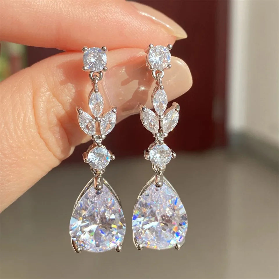 ZAKOL Luxury Cubic Zirconia Necklace Earrings Rings Set for Women Shinny Water Drop Leaf CZ Bridal Wedding Jewelry Sets