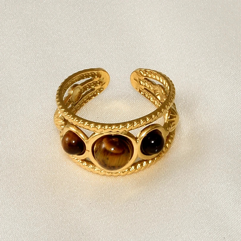 1pcs Classic Tiger Eye Real Stone Open Adjustable Stainless Steel Rings For Women Men Accessories Gold Color Finger Jewelry Ring