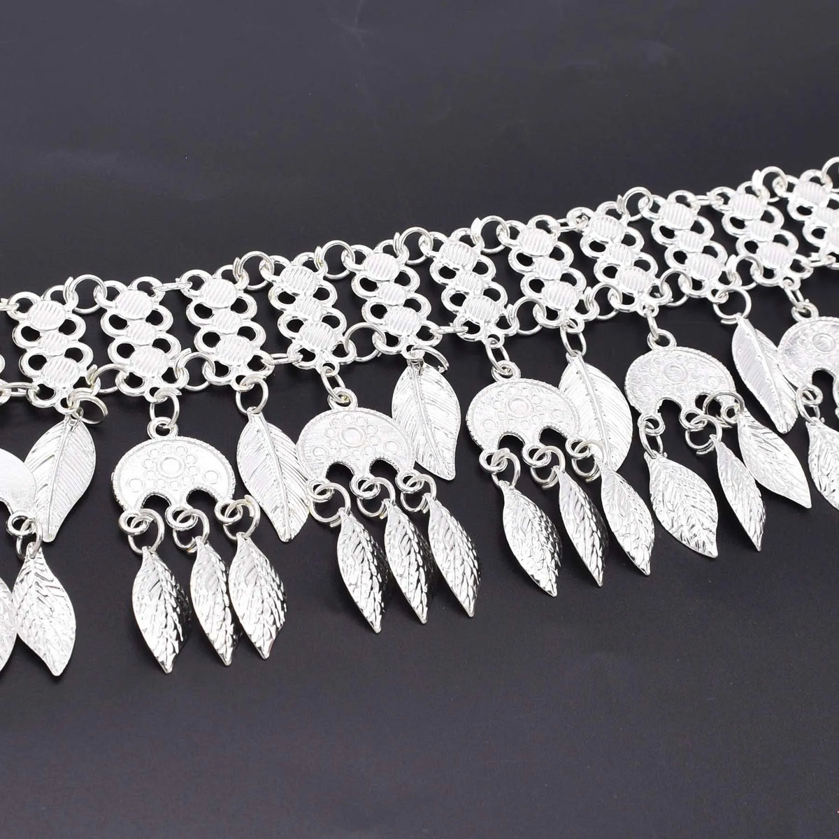 Silver Plated Assyrian Belt Hair Accessories Earrings for Women Kurdish Assyria Ethnic Colorful Flag Leaf Tassel Jewelry Sets