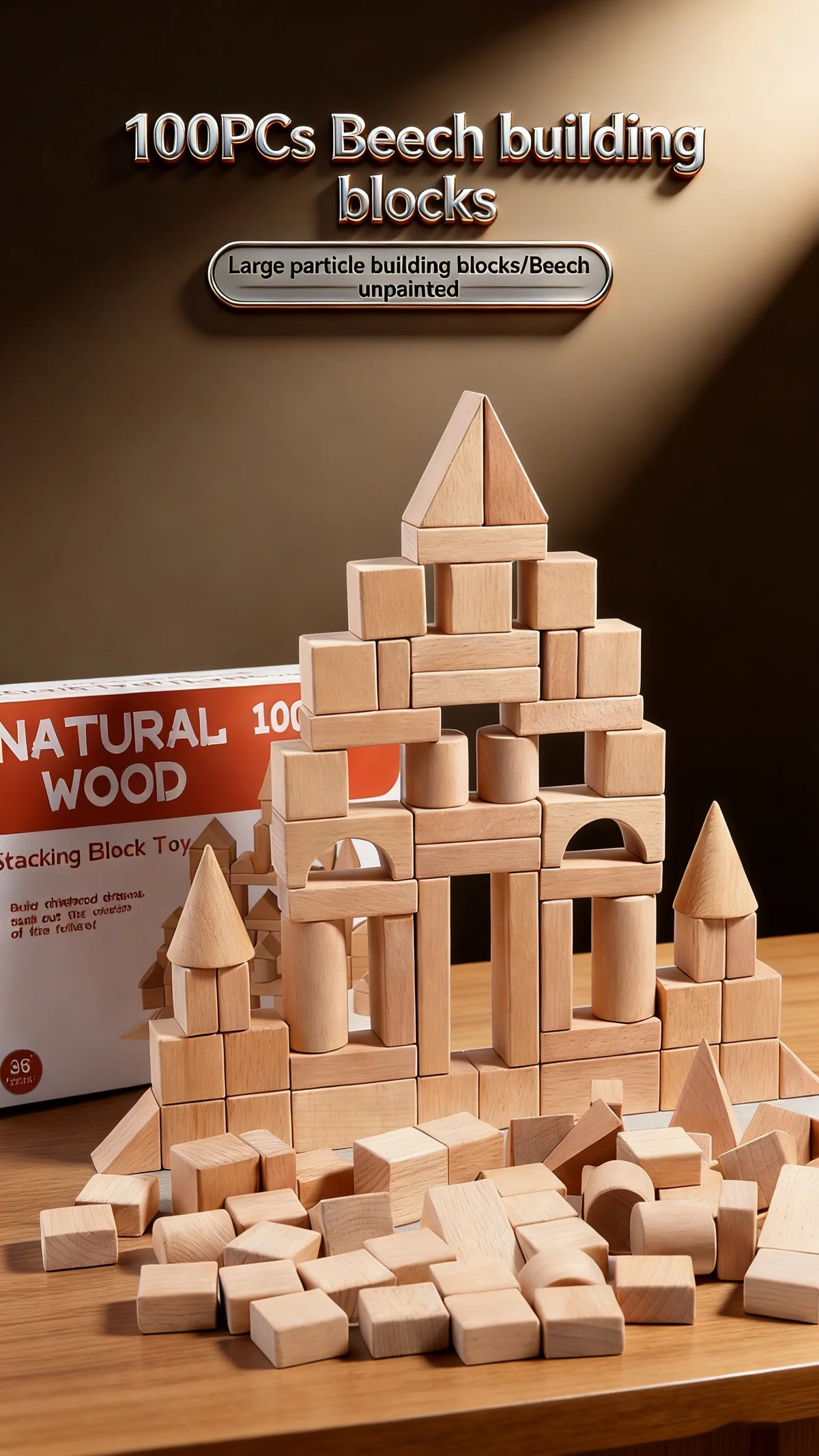 100 Pcs Beech Wooden Building Blocks Kids Formaldehyde-Free Large Size Anti-Swallowing Imagination Creative Construction Play