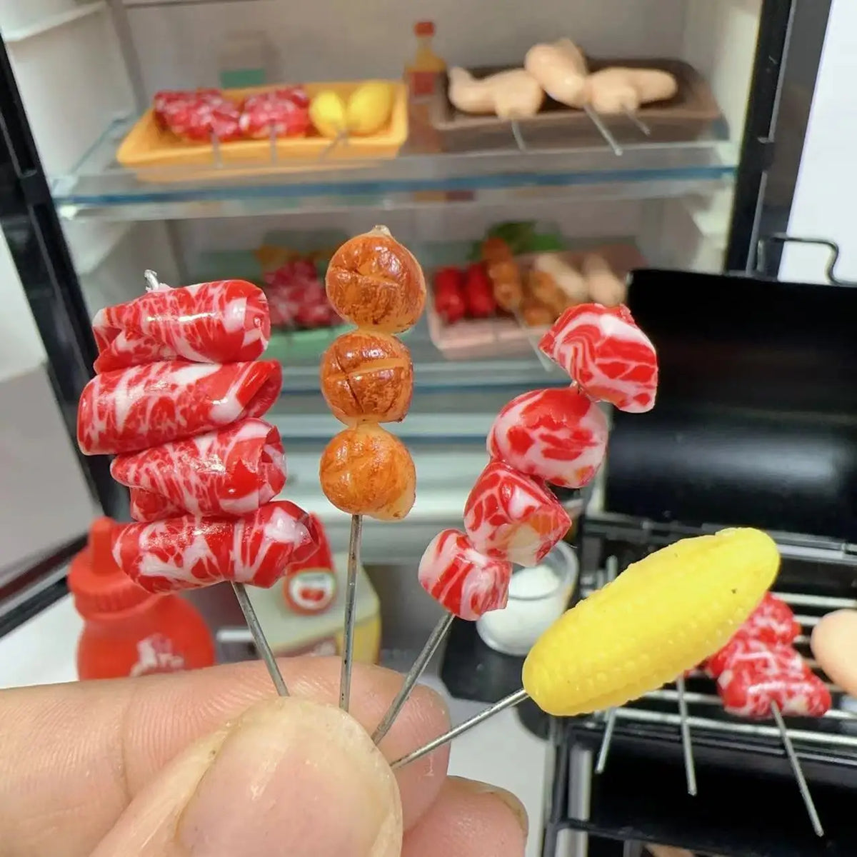 New 1/12Miniature Supermarket food simulation kabob beef sausage corn mushroom for Doll House Mini Kitchen Clay food Accessories