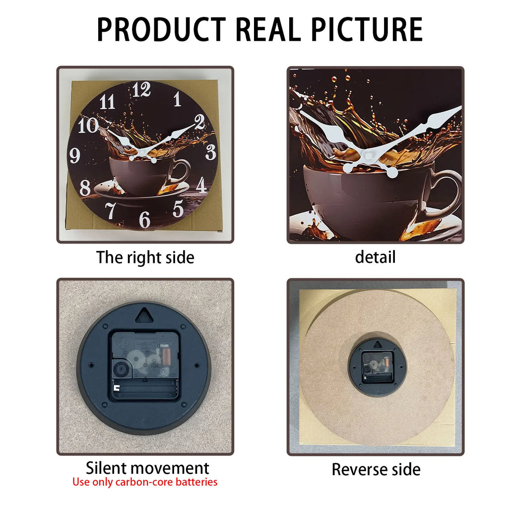 A Stylish Modern Coffee Cup Splash Wooden Wall Clock for Living Room, Bedroom, Kitchen, Home Decoration, Silent Quartz Clock, Holiday Gift, 10 Inches, 12 Inches (No Battery)