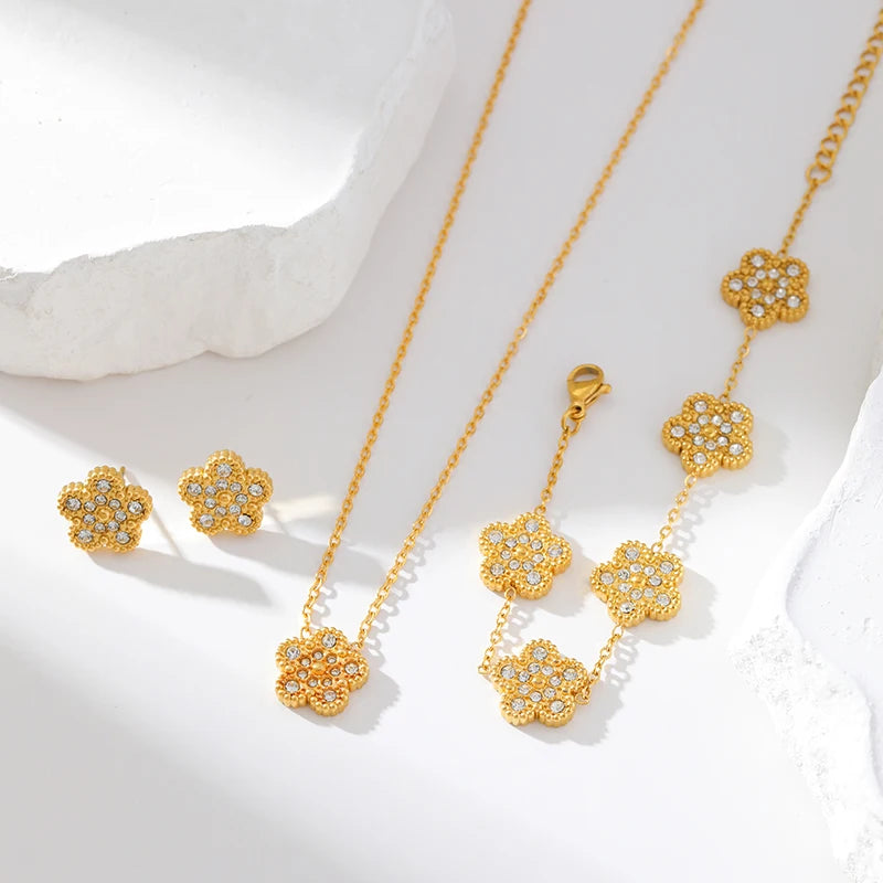 EILIECK New Fashion Stainless Steel White Zircon Clover Necklace Bracelet Earrings Set For Women Trendy Flower Jewelry Set Gift