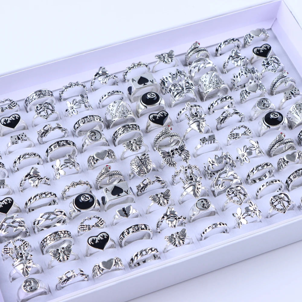 10/20/30/50/100Pcs/Lot Retro Punk Bohemian Rhinestone Carve Rings For Women Mix Style Jewelry Party Gifts Accessories Wholesale