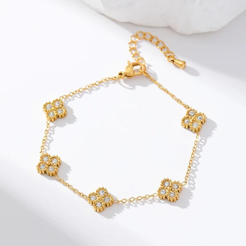 GANEMLY Stainless Steel  Sparkling White Zircon Flower Necklace Bracelet Earrings Set For Women Trendy Waterproof Jewelry Gift