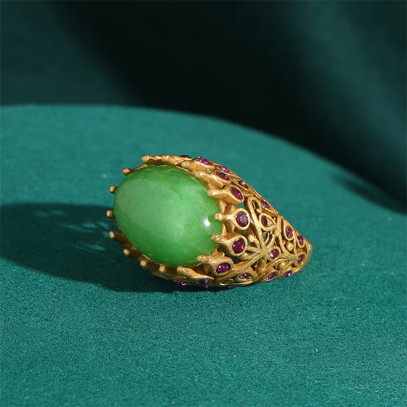 Elegant Vintage Rings for Women Copper Antique Gold Color Oval Crystal Emerald Round Natural Stone Designer Retro Jewelry