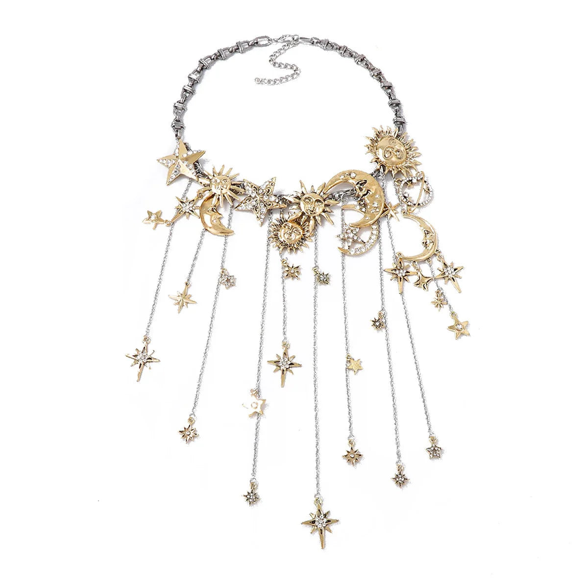 Metal Stars Moon Waterfall Tassels Pendant Necklaces for Women Vintage Statement Jewelry Holiday Party Gifts