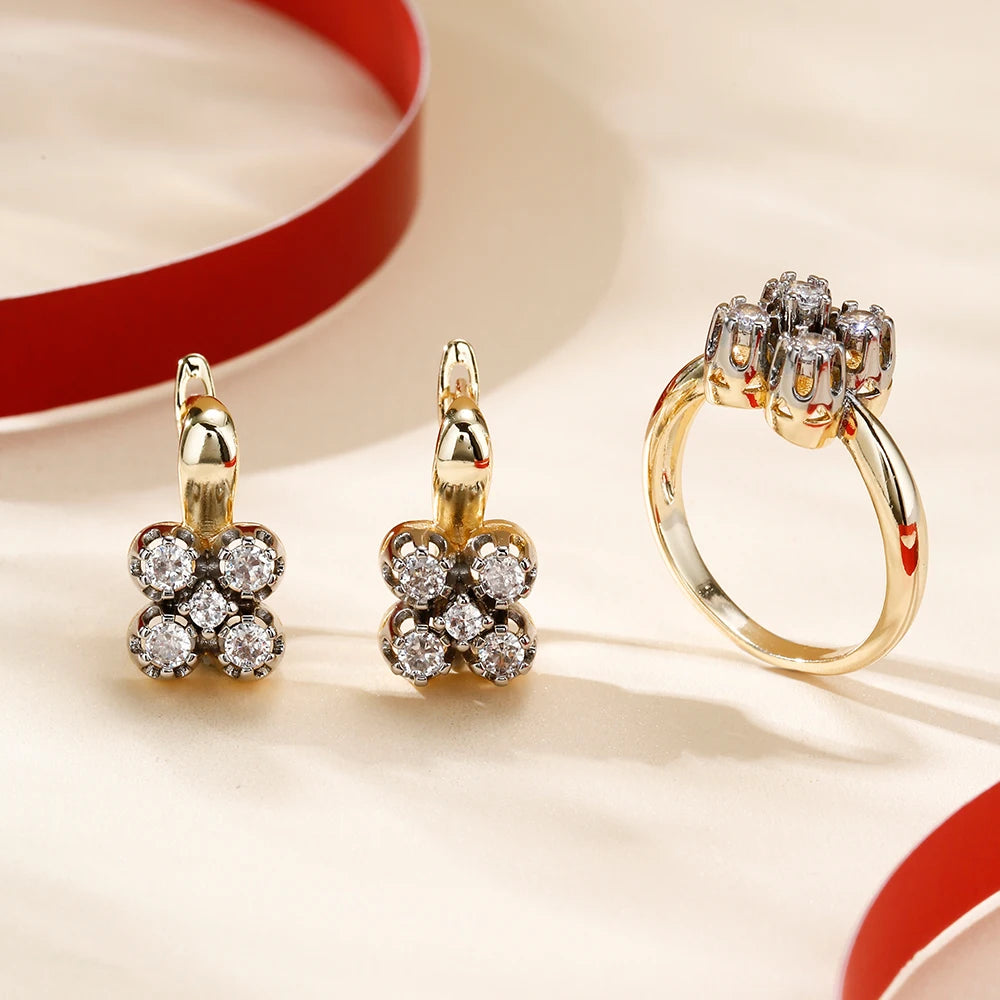 Simple and Exquisite Inlaid Zircon Two-Tone Jewelry Set Copper Plated 14K Gold Fashion Jewelry Birthday Party Wedding Souvenir