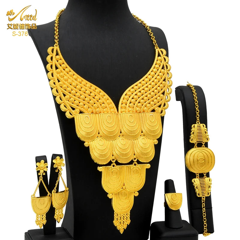 Dubai Indian Necklace Earrings Big Pendant Jewelry Set Gold Color For Women Nigeria African Bridal Wedding Party Jewellery Gifts