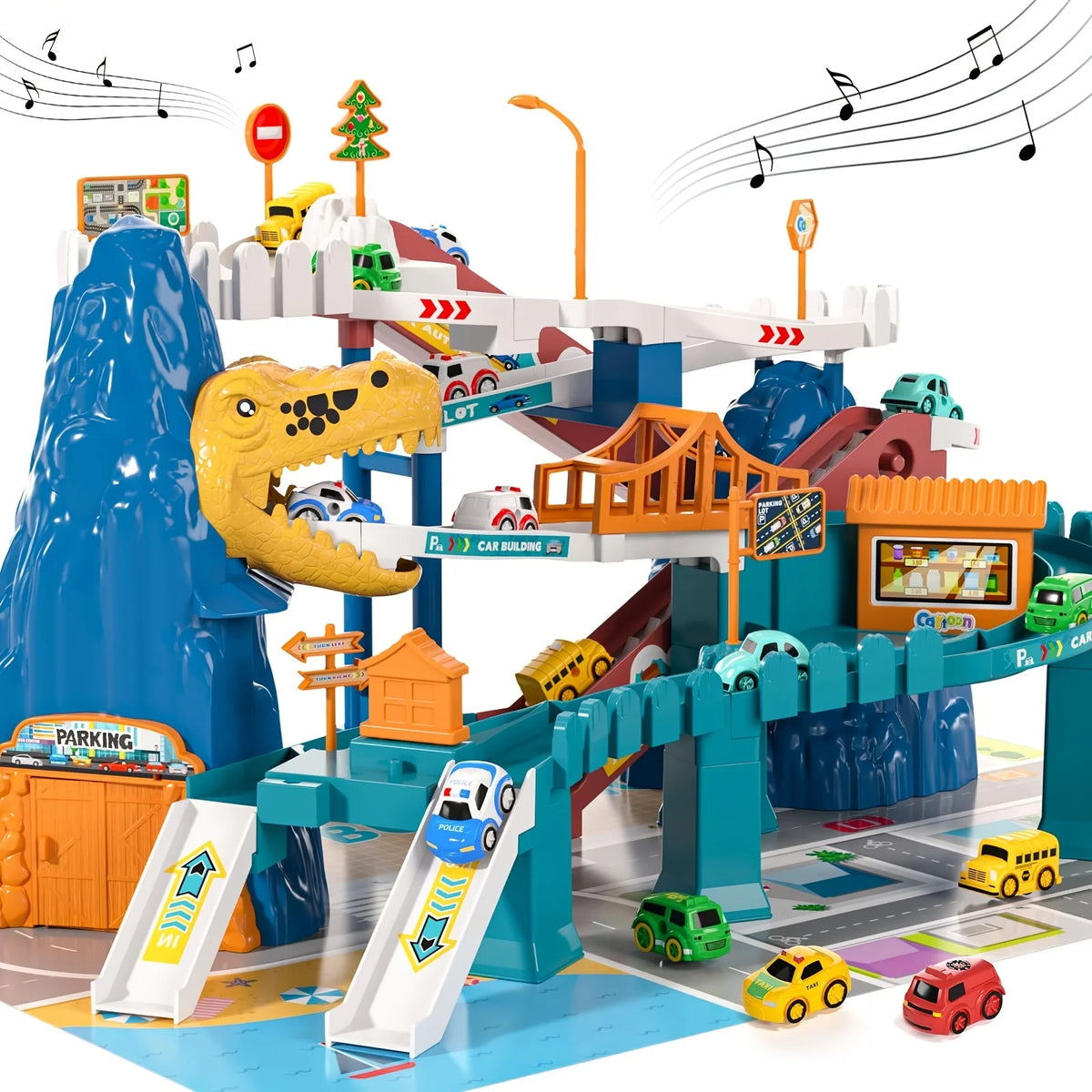 Children's Dinosaur Mountain Climbing Track Car Set with 5 Colorful Vehicles Sound Light Electric Transmission Ideal Birthday Gi