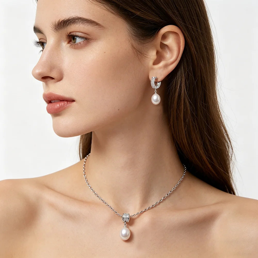 Natural Freshwater Pearl Necklace And Earrings Set Woman,Luxury 925 Silver Pearl Jewelry Set Wife Mother Birthday Gift White