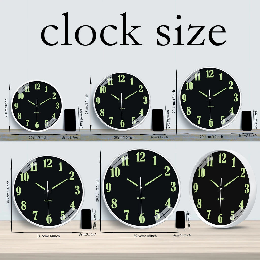 Modern Unique Luminous Plastic Glass Wall Clock, 8-16 Inch Modern Round Silent Luminous Wall Clock, AA Battery Powered, Suitable