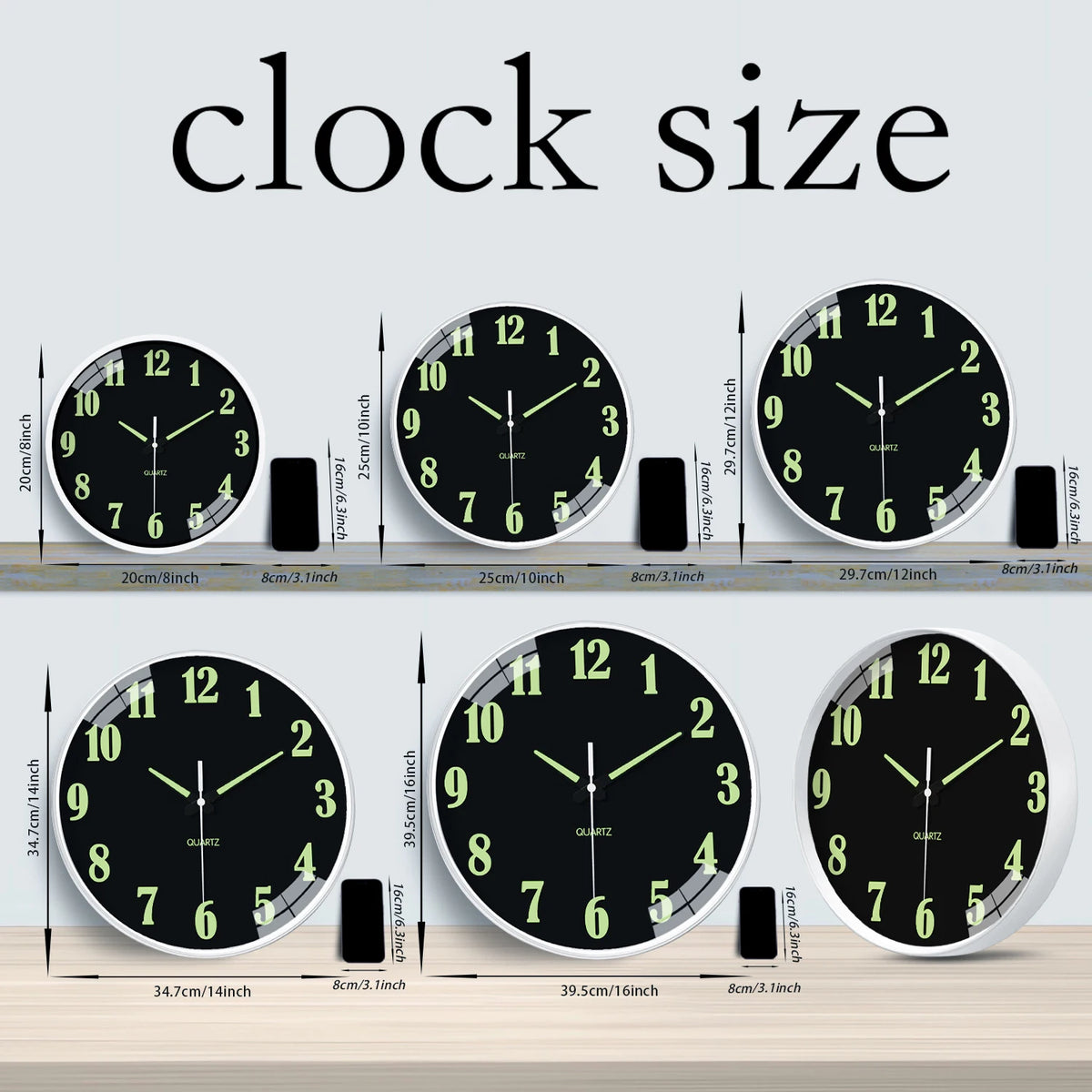Modern Unique Luminous Plastic Glass Wall Clock, 8-16 Inch Modern Round Silent Luminous Wall Clock, AA Battery Powered, Suitable