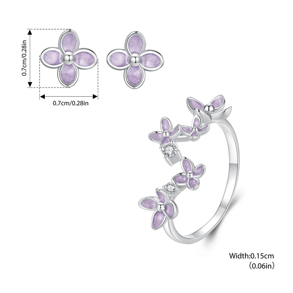 Bamoer 925 Sterling Silver Original Blue Butterfly Ring Lilac Flower Earrings for Women Jewelry Set Anniversary Engagement Gift