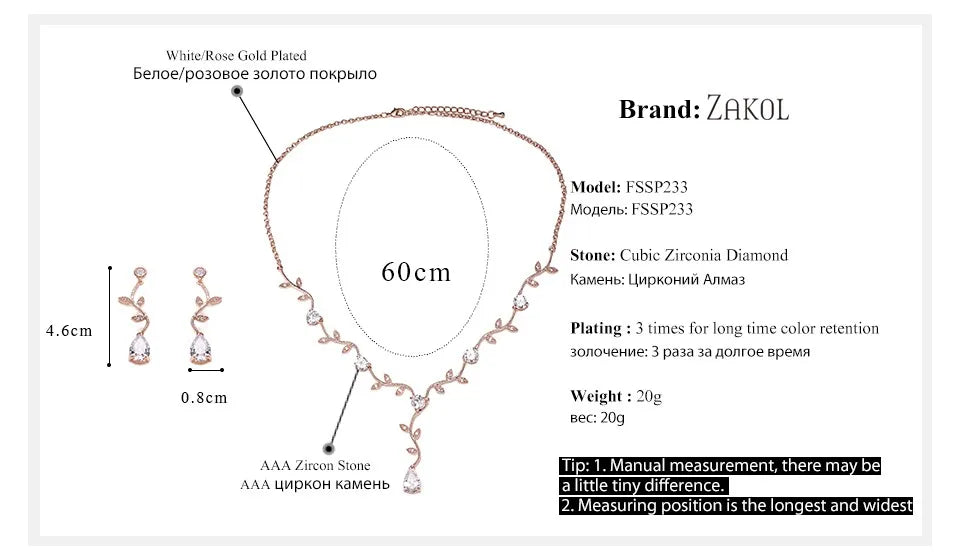 ZAKOL Classic White Rose Gold Color Cubic Zirconia  Bridal Jewelry Sets Leaf Shape Choker Earrings Wedding Dress for Women