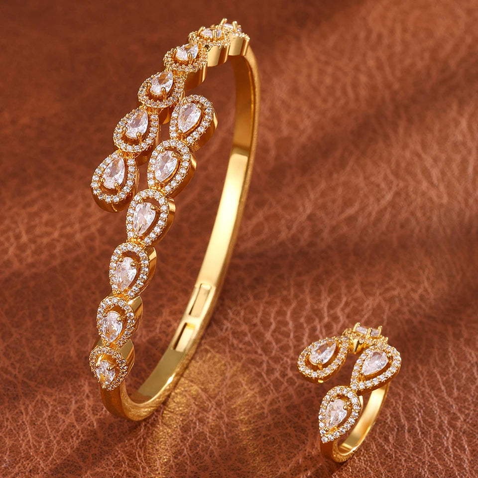 ZAKOL 9 Styles Golden Open Bracelet Ring Jewelry Set Geometric Shiny Zircon 18K Gold Plated Middle East Wedding Party Jewelry