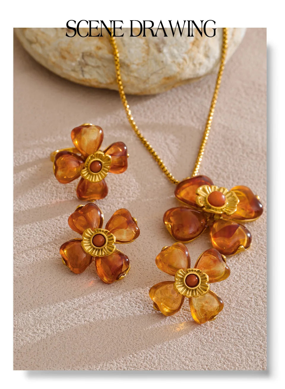 Yhpup Hot Style Acrylic Flower Pendant Necklace Earrings Ring Set for Women Stainless Steel Exquisite Jewelry Wholesale