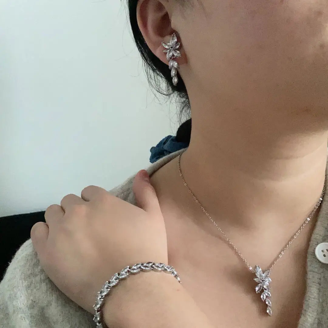 ZAKOL Luxury Cubic Zirconia Necklace Earrings Rings Set for Women Shinny Water Drop Leaf CZ Bridal Wedding Jewelry Sets