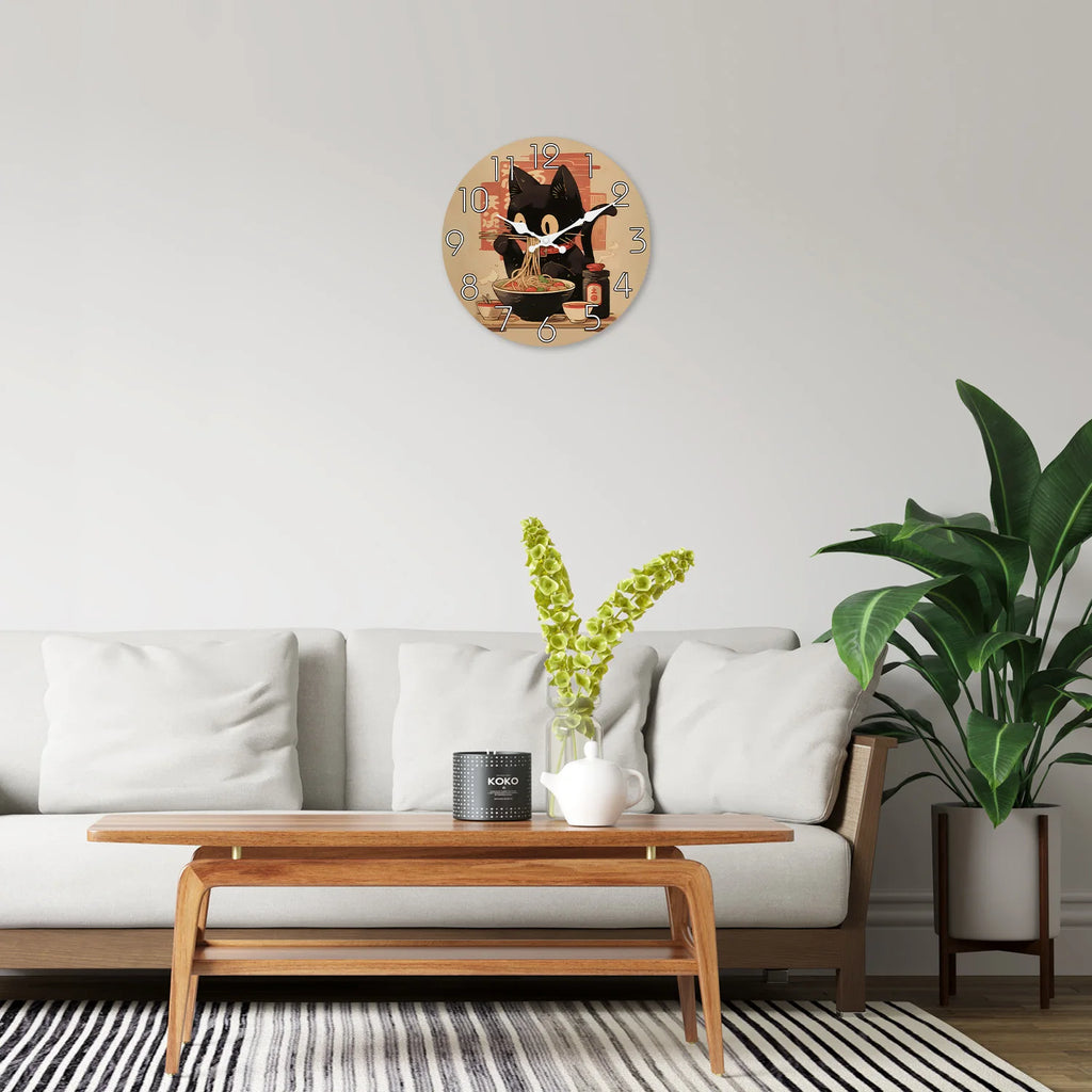 Retro Cute Black Cat Eating Ramen Wooden Wall Clock for Living Room, Bedroom, Kitchen, Home Decoration, Silent Quartz Clock, Holiday Gift, 10 inches, 12 inches, 14 inches 16inch (no battery)