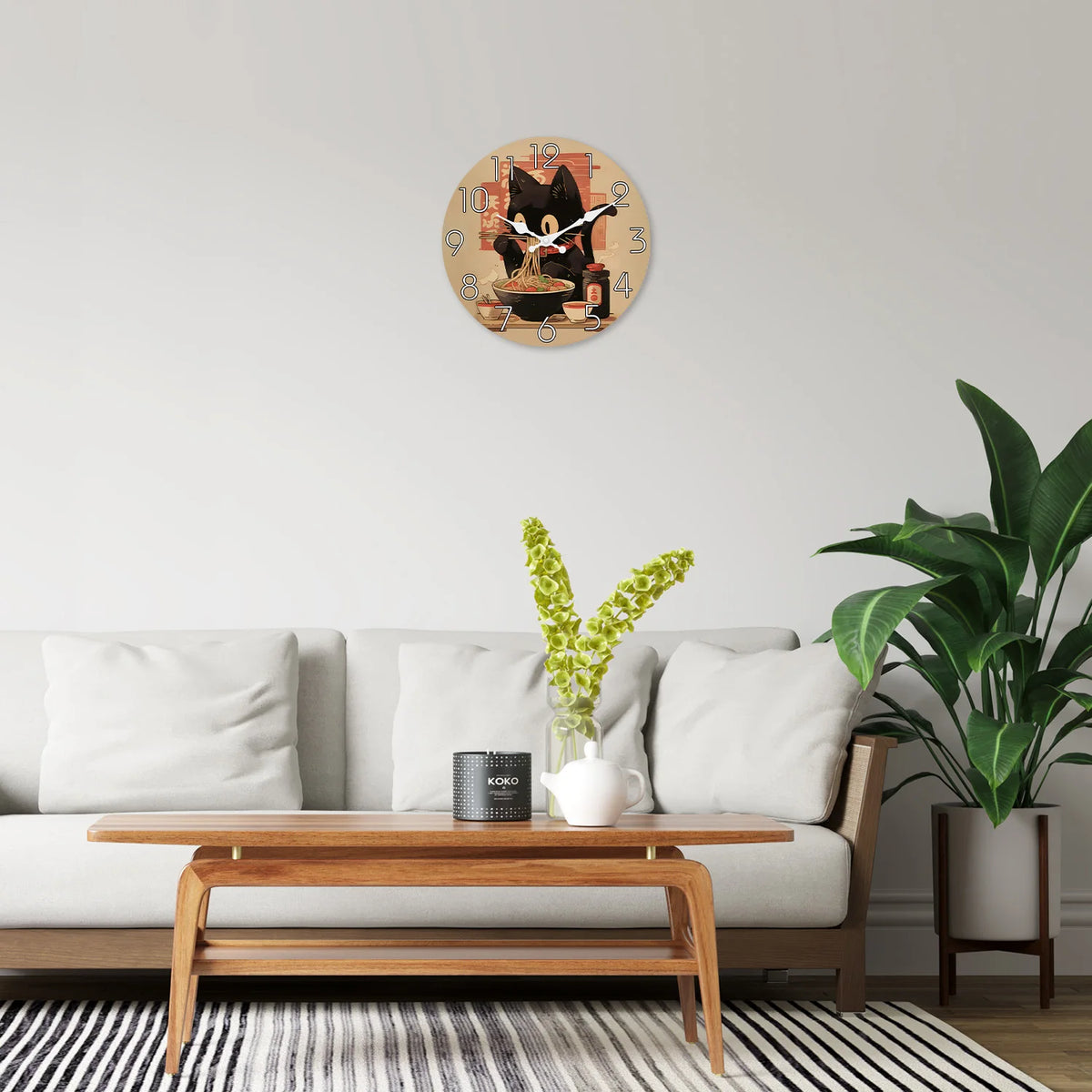 Retro Cute Black Cat Eating Ramen Wooden Wall Clock for Living Room, Bedroom, Kitchen, Home Decoration, Silent Quartz Clock, Holiday Gift, 10 inches, 12 inches, 14 inches 16inch (no battery)