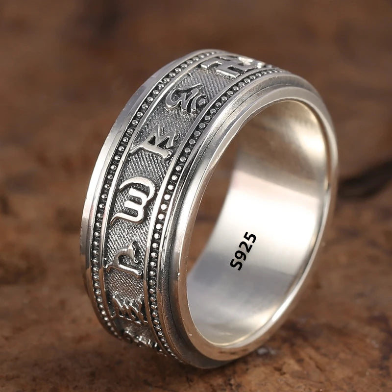 S925 Sterling Silver Ring Men Women Retro Buddhist Six-Character Great Mantra Ring Male Female Amulet Jewelry Exquisite Gift