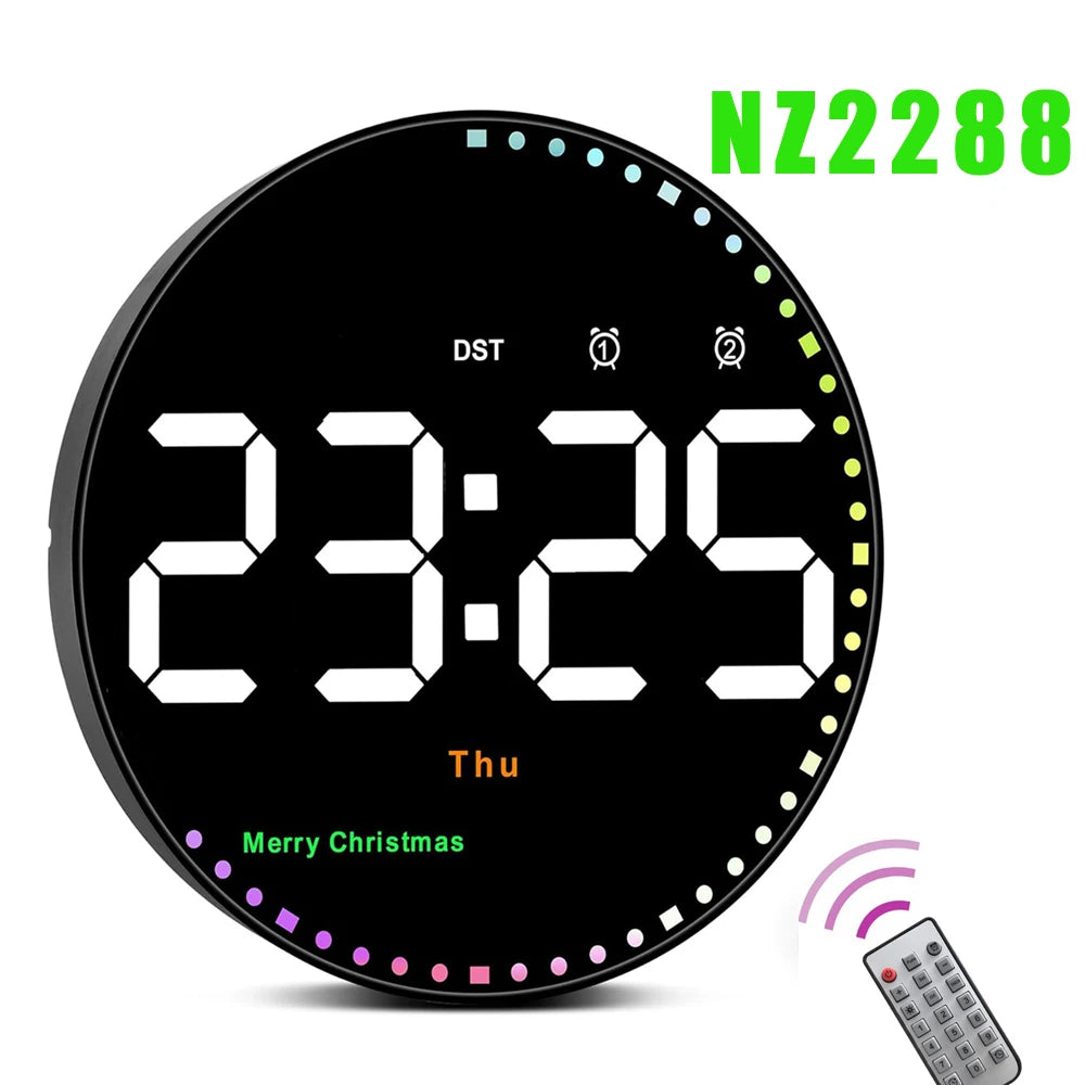 LED Wall Clock with Dual Alarms, Calendar and Temperature Display for Home Decoration. Brightness Adjustable