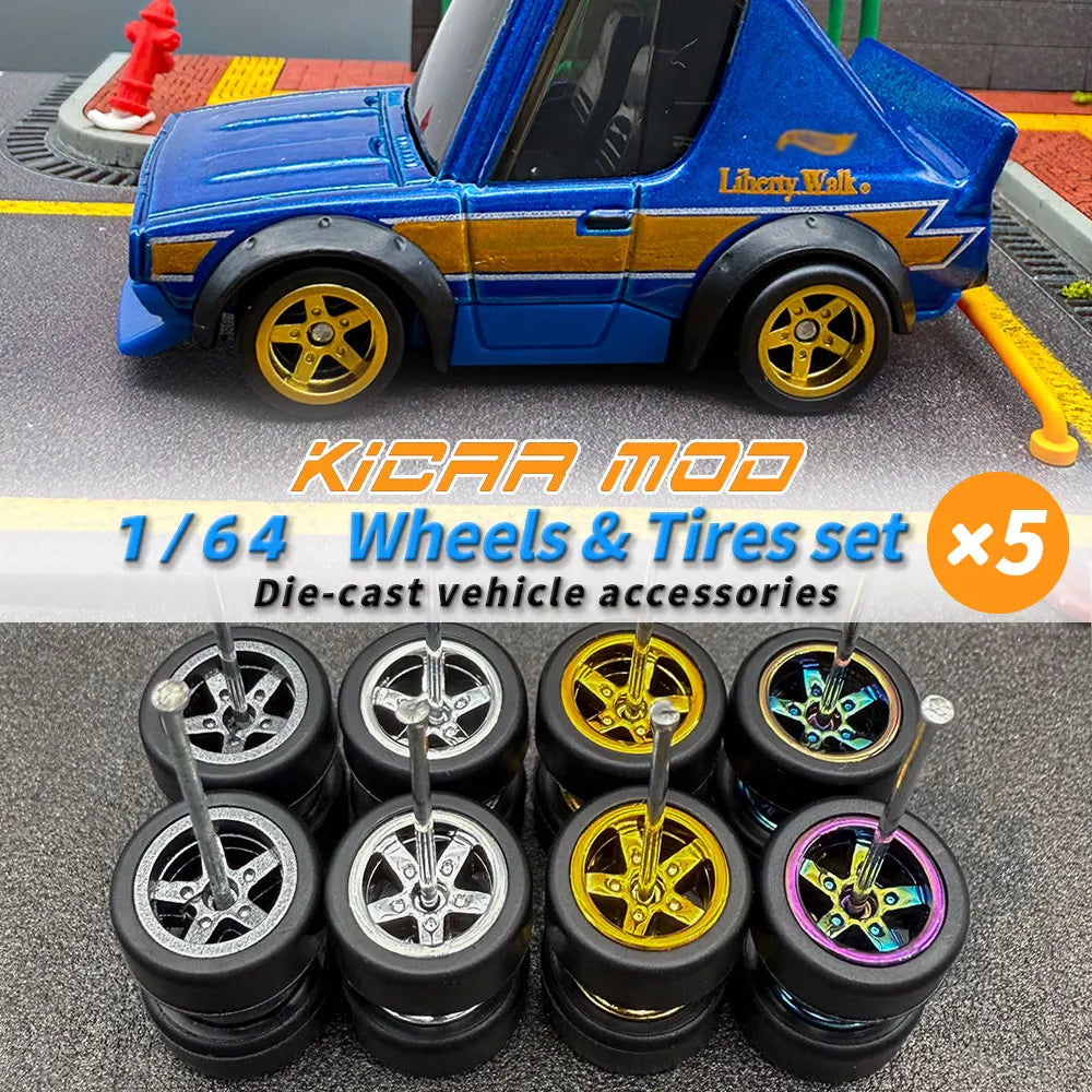 1/64 Model Q Car Wheels with Detachable Slicks Rubber Tires for Toy Model Diecast Cars Refiting Parts for MINIGT  (5 Cars)