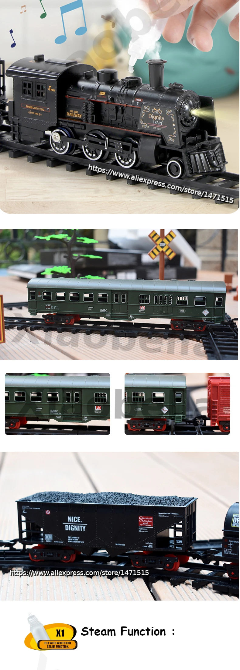 Electric Railway King Classical Passenger Train Simulation Water Steam Locomotive Playset Battery Operated Train Toy Smoke Sound