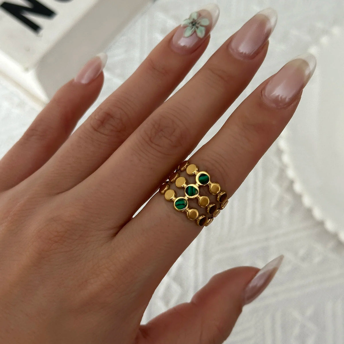 Stainless Steel French Vintage Ethnic Color Gemstone Ring for Women Punk Personality Stackable Open Finger Ring Hand Jewelry