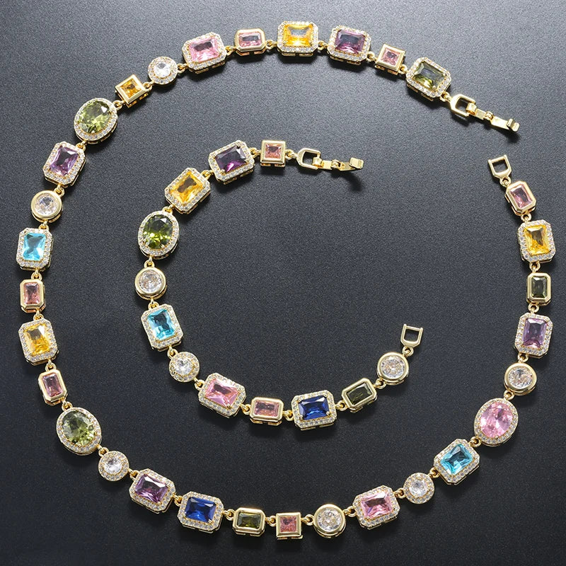 Colorful Mosaic Geometric Zircon Bracelet/Necklace Set Hip-Hop Retro Unisex Couple's 18K Gold-Plated Brass Jewelry:VL661 VL662
