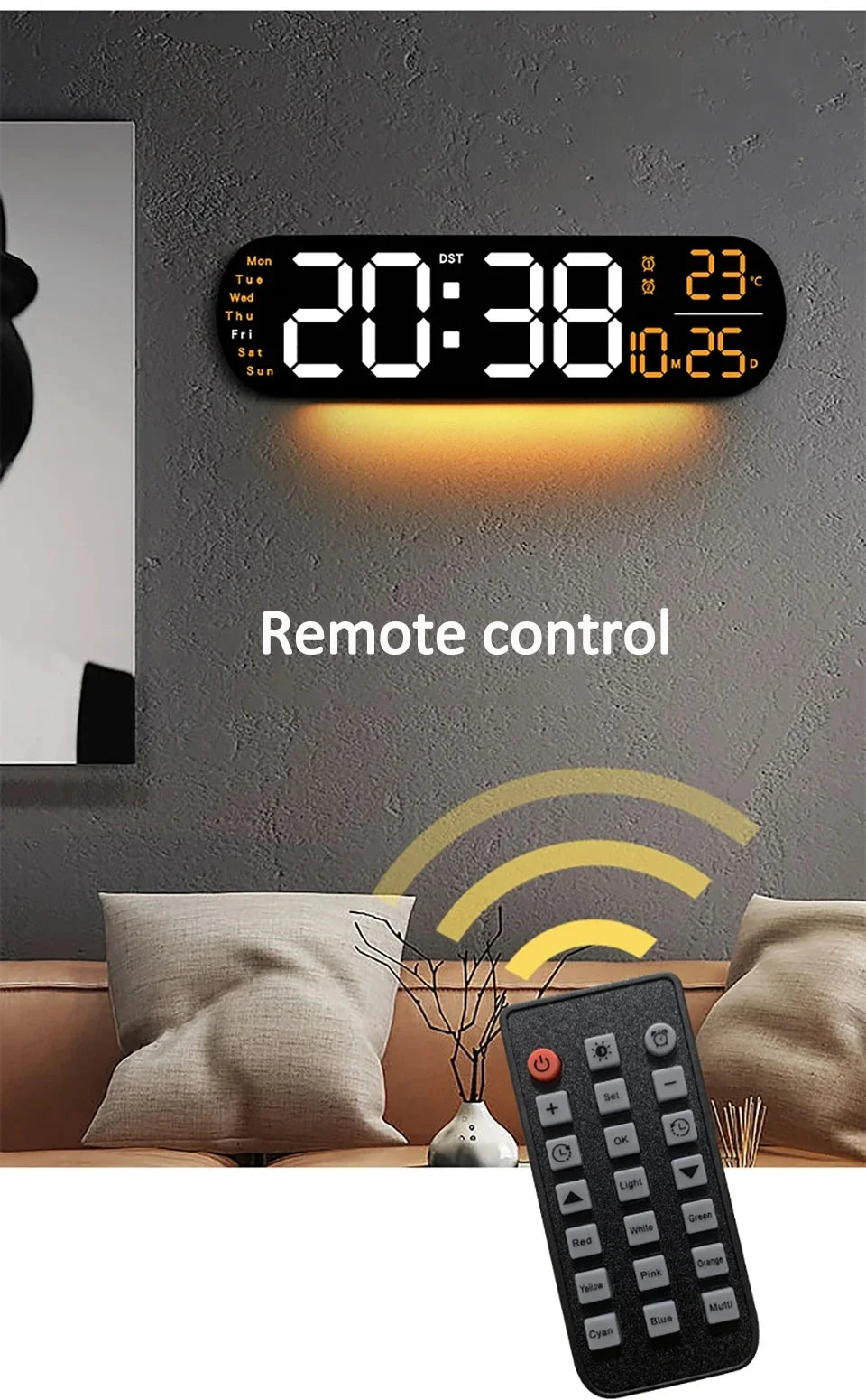LED Digital Wall Clock With Remote Control Ambient Lights Time Date Temperature Display Alarm Clocks For Home Living Room Decor