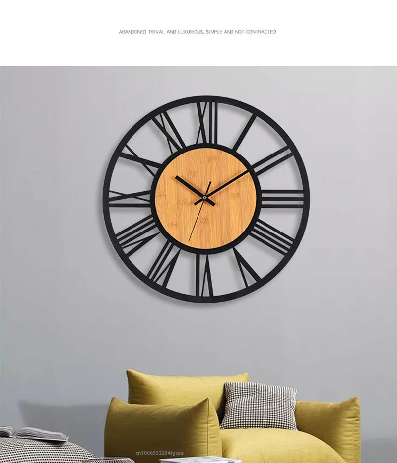 3D Large Wall Clocks Nordic Roman Numerals Retro Round Wood Metal Iron Accurate Silent Hanging Ornament Living Room Decoration