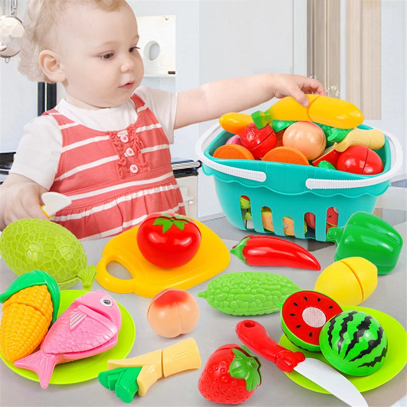 Kitchen Play House Toy Set Simulation Basket Fruit Vegetable Food Cutting Game Educational Kids Montessori Learning Girls Toy