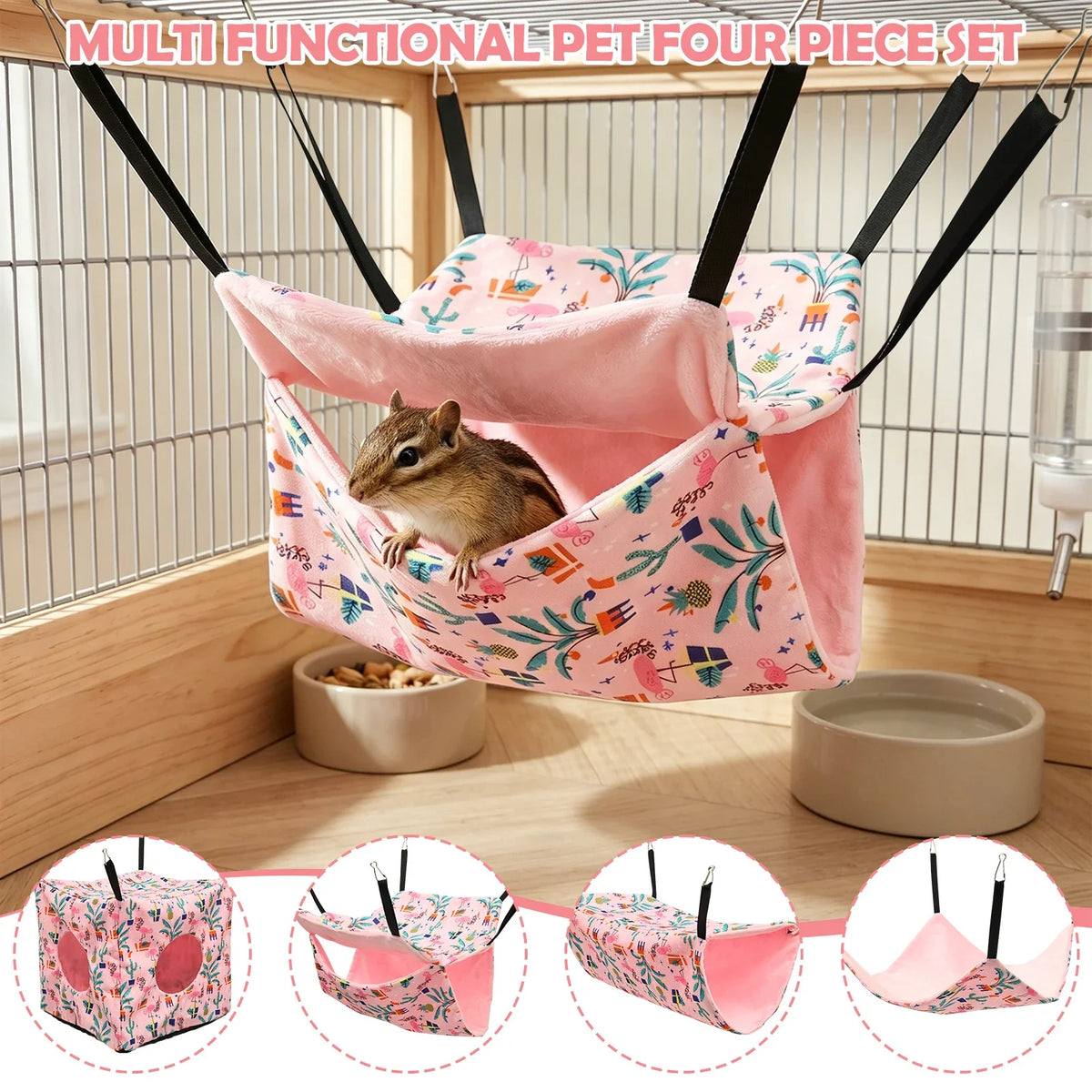 4Pcs Hamster Hammock Soft Cozy Rodent Hamster Bed Hanging Rat Cage Accessories Adjustable Ferret Hanging Nest Swing Pet Supplies