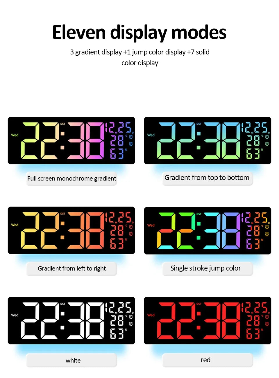 17" Large Digital Alarm Clock with 11Colors & Dynamic RGB Display RGB LED Wall Clock with Colour Changing/Dual Alarm/Room Decor