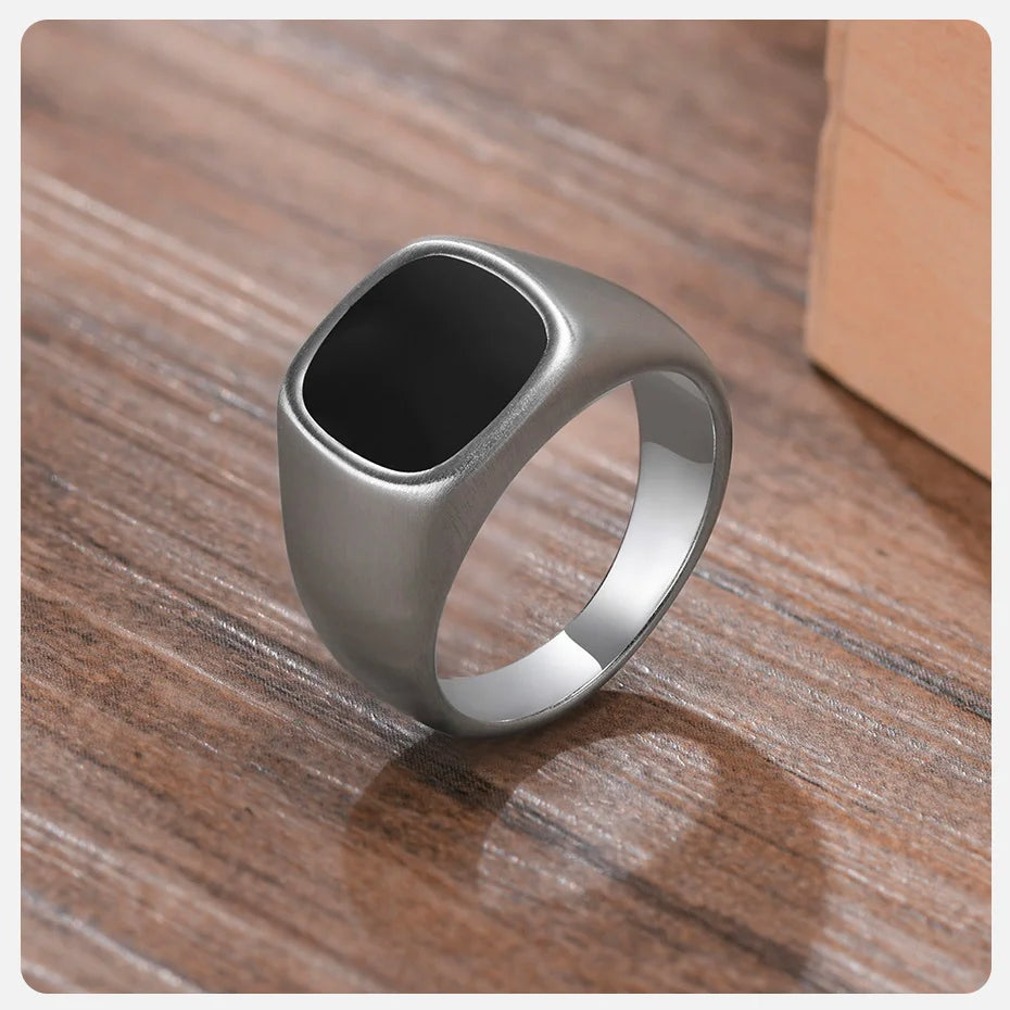 Vnox 12.5mm Signet Ring for Men, Black Square Top Stainless Steel Finger Band, Gothic Punk Rock Boy Stamp Rings
