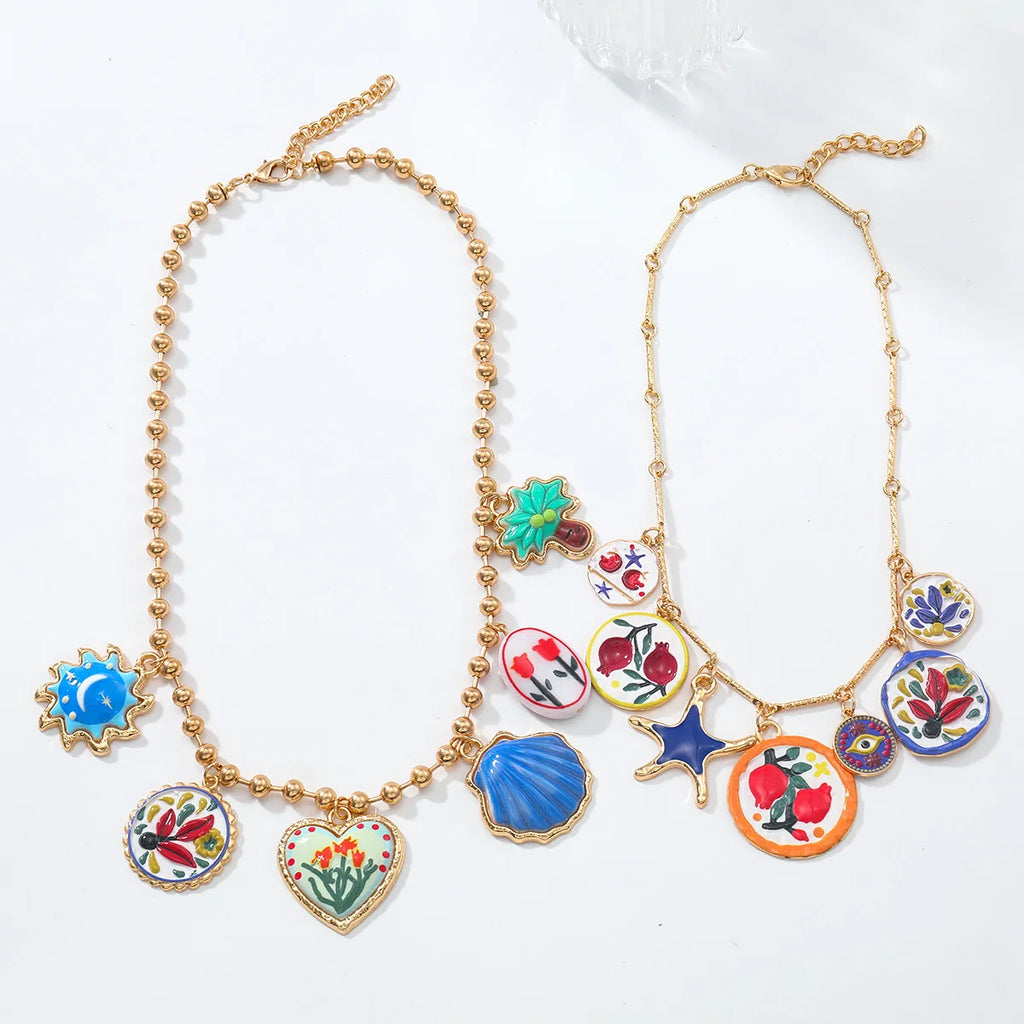 Personality Design Geometric Metal Painting Palm Tree Flower Pendant Necklaces for Women 2025 Trend Jewelry Neck Accessories