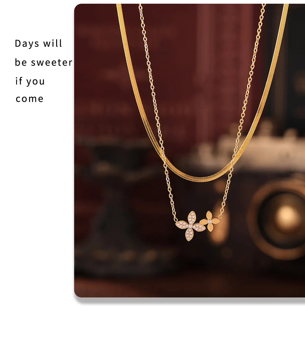 Necklace Bracelet For Women Stainless Steel Zircon Waterproof 4 Petals Flower Pendant Waterproof Chain Charm Jewelry Gift