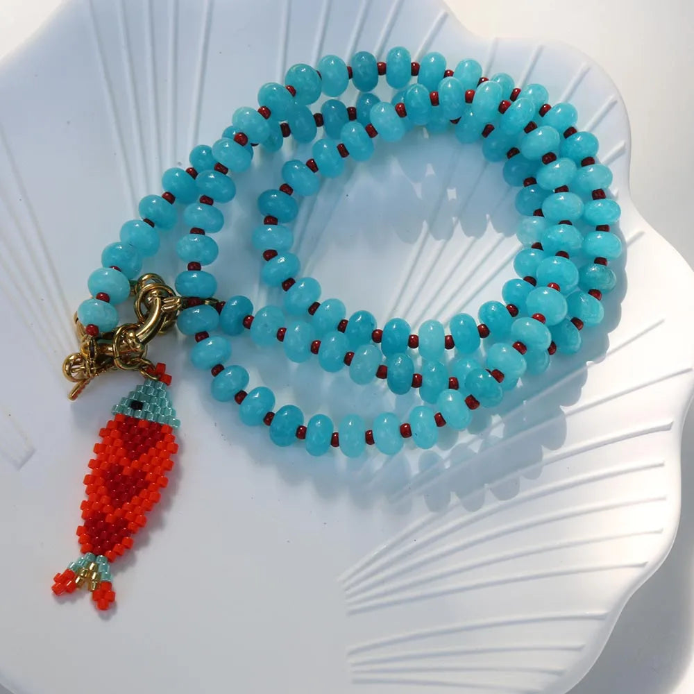 Elegant eye-catching summer fashion accessory jewelry Bohemian style colored bead necklace with hand knitting fish pendant