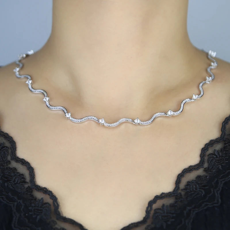 Trendy Geometric Wave Shape Cz Tennis Necklaces for Women Paved White Cubic Zirconia Brass Gold and Silver Color Fashion Jewelry