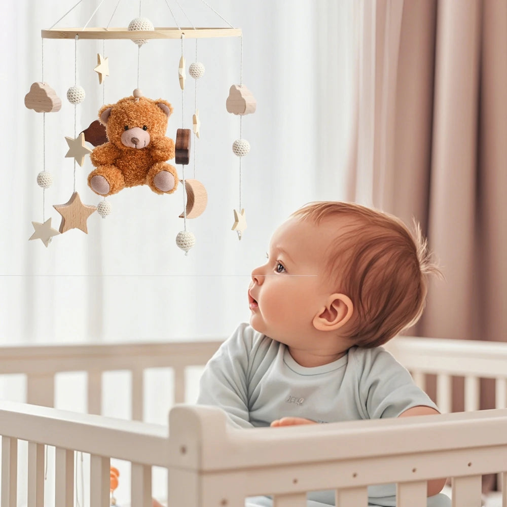 Baby Crib Cartoon Bear Mobile Rattle Toy January To December Hanging Bed Bell Newborn Soothing Toy Moving Musical Toy Baby Gift