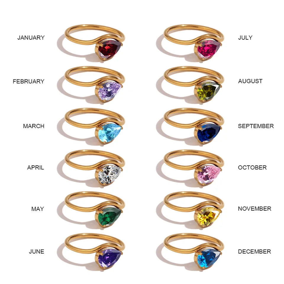 St-Delan Women's High-End Birthstone Ring 12 Colors Teardrop Zircon Ring Perfect Birthday Gift Jewelry Bulk Wholesale