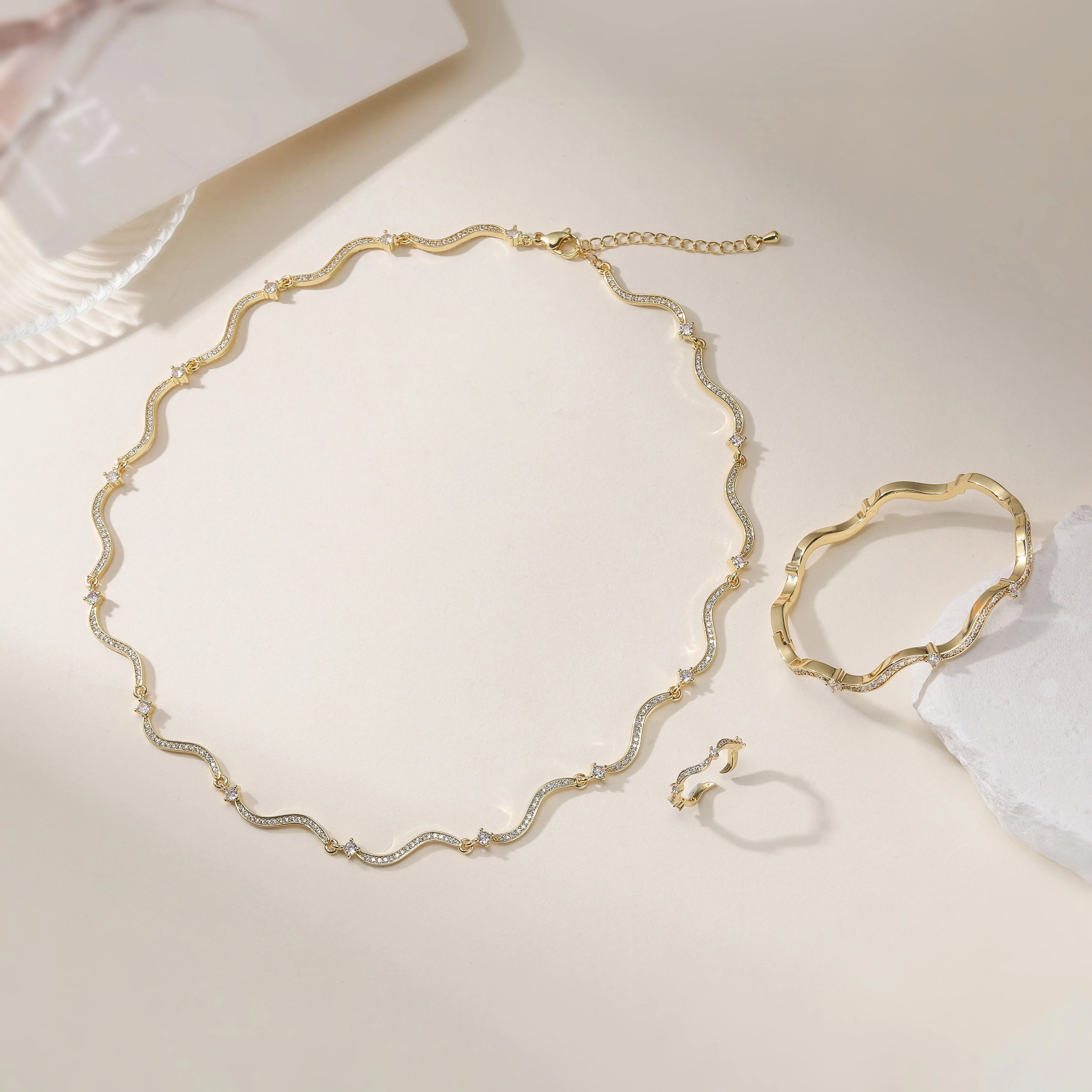 HECHENG,Korean Minimalist Style Fashion Wavy CZ Stone Chain Necklace/Bracelet/Ring Collar Jewelry Gift Selection 1 Pc